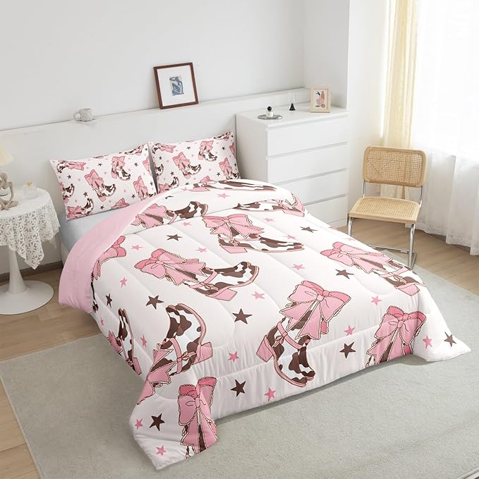 Feelyou Pink Western Bedding Set Cowgirl Cowboy Boots Comforter Set for Kids Boys Girls Teens Room Decor Cute Bowknot Dreamy Princess Style Comforter Twin Size Stars Print Duvet Set 2Pcs