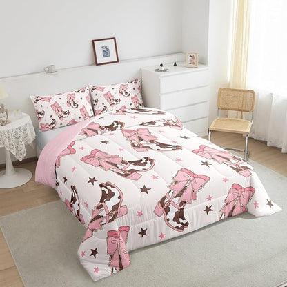 Feelyou Pink Western Bedding Set Cowgirl Cowboy Boots Comforter Set for Kids Boys Girls Teens Room Decor Cute Bowknot Dreamy Princess Style Comforter Twin Size Stars Print Duvet Set 2Pcs
