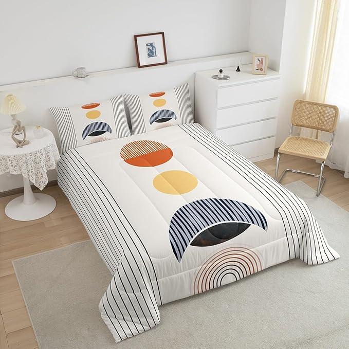 Erosebridal Modern Moon Print Bedding Set Queen Mid Century Comforter Set, Abstract Art Duvet Insert Geometric Stripe Quilt Sets, Aesthetic Bedding Comforters & Sets