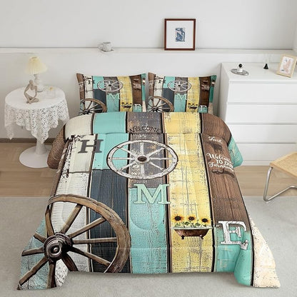 Rustic Farmhouse Cabin Bedding Set Retro Western Barn Wheel Windmill Comforter Set Twin,Farm Animal Sunflower Lodge Down Comforter,Pastoral Country Planks Quilt Duvet Insert Yellow Teal Brown 2 Pcs