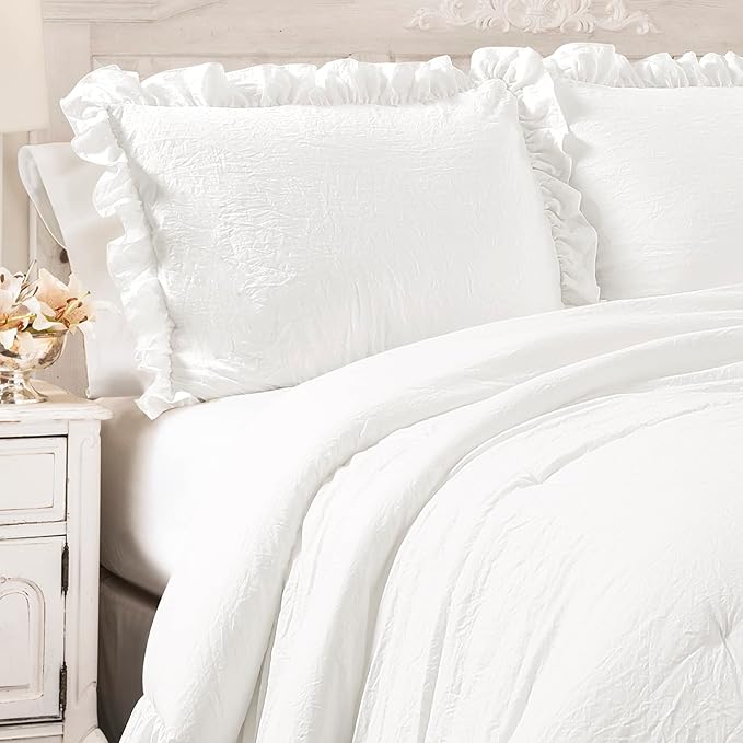 Lush Decor Reyna Ruffle Comforter Set - 3 Piece King Size Ruffle Comforter Set - Elegance for Bedroom - King, Pure White
