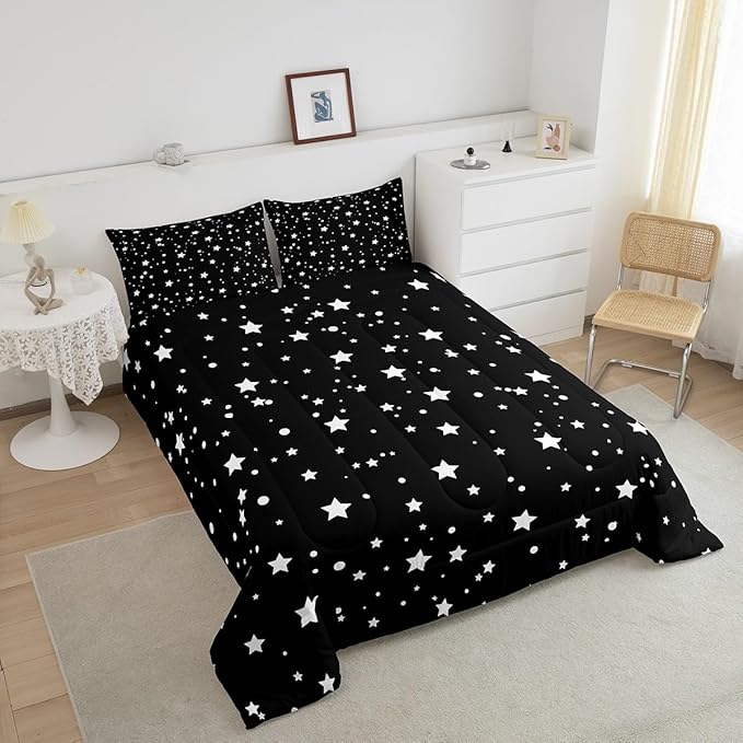 Starry Sky Comforter Set Queen Size Galaxy Star Bedding Set for Kids Boys Girls, Outer Space Down Comforter, Black and White Geometric Polka Dots Quilt Set Warm Soft Bedroom Decor 2 Pillow Cases
