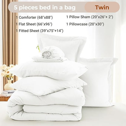 MUXHOMO 5 Pieces Twin Comforter Set, Soft Bed in a Bag Twin Size, All Season Bedding Set with Comforter, Flat Sheet, Fitted Sheet, Pillowcases & Shams, White