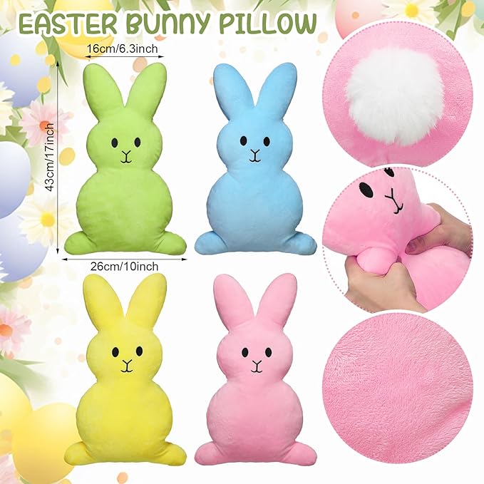 4 Pcs 17 Inches Colorful Easter Pillows Bunny Rabbit Throw Pillows Soft Rabbit Plush Hugging Pillow Cute Bunny Stuffed Cushion Gift for Easter Sofa Couch Living Room Bedroom Home Office Decor