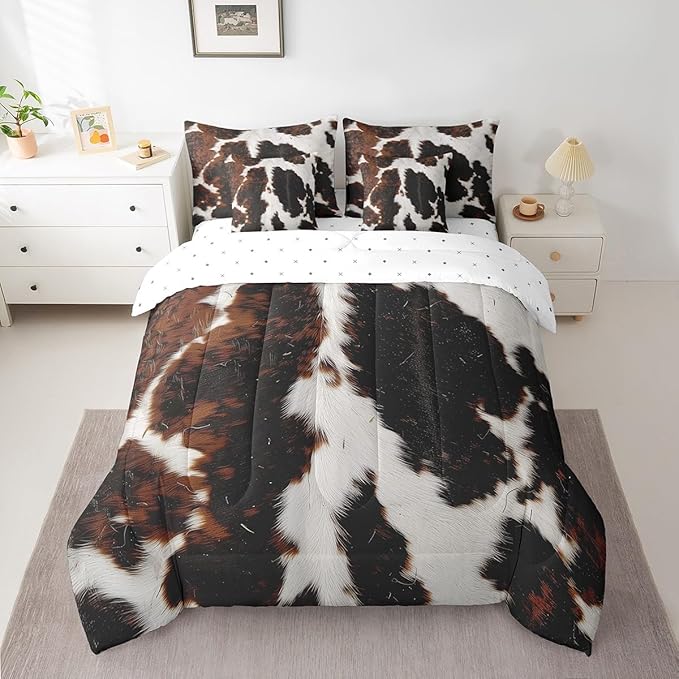 Milk Cow Print Bedding Comforter Sets 7-Piece Brown Cow Print Bed in a Bag, Faux Fur Pattern Twin Bedding Sets Grid Plaid Comforter Set Twin, Farmhouse Wildlife Hair Bedding Sets & Collections