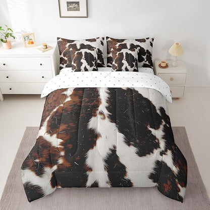 Erosebridal Milk Cow Print King Comforter Set 7pcs Brown Cow Print Bedding Comforter Sets, Faux Fur Pattern Bed in a Bag Grid Plaid Bedding Set, Farmhouse Wildlife Hair Bed Sheets Set