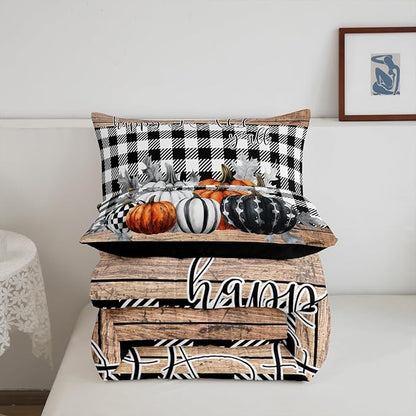 Fall Pumpkins Comforter Set Twin Rustic Farmhouse Thanksgiving Theme Bedding Set Black White Buffalo Plaid Bedding Comforter Sets Happy Autumn Fall Quilt Duvet Wooden Board Home Room Decor 2 Pcs
