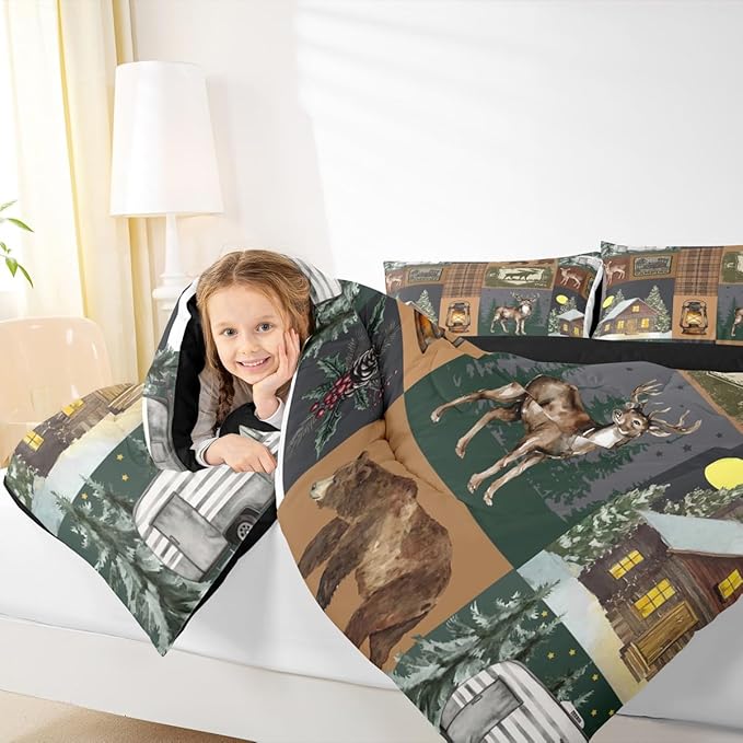 Farmhouse Bear Comforter Set Twin, Rustic Cabin Lodge Down Comforter, Retro Woodland Deer Bedding Comforter Sets, Hunting Wild Animal Plaid Checkered Quilt with 1 Pillow Case Bedroom Decor, Brown