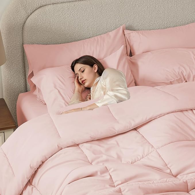 Anluoer King Size Bed in a Bag 7 Pieces, Pink Comforter Set with Sheets, All Season Bedding Sets with 1 Comforter, 2 Pillow Shams, 2 Pillowcases, 1 Flat Sheet, 1 Fitted Sheet
