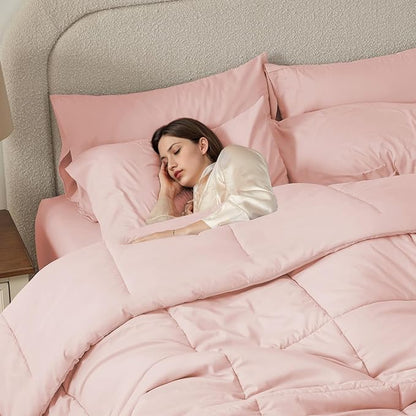 Anluoer Queen Comforter Set 7 Piece, Pink Bed in a Bag with Comforters, Pillow Shams, Pillowcases, Flat Sheet, Fitted Sheet
