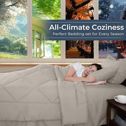 HEVUMYI Oatmeal Queen Comforter Set - 7-Piece All Season Bed in a Bag Queen, Ultra Soft Bedding Set with Comforter, Flat Sheet, Fitted Sheet, Pillowcases, Pillow Shams