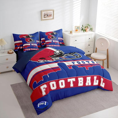 Erosebridal Football City 7 Pcs Comforter Set King Football Bedding for Boys Girls Blue Red Rugby Game Sheet Set Bed in A Bag Football Fans Room Decor Sports Ball Team Bed Set