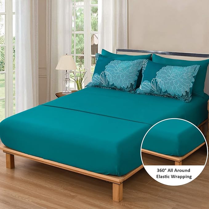 Yiran Queen Comforter Set Teal Bed in a Bag Floral Comforter Sets Soft Microfiber Boho Bedding Sets for All Season,7 Piece,90"×90"