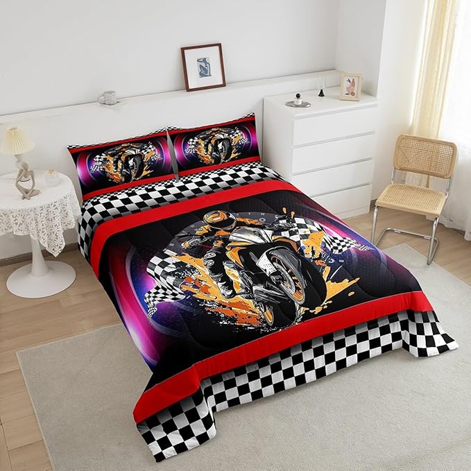 Feelyou Dirt Bike Comforter Set Queen Size Flag Comforter Racing Motocross Rider Bedding Set Extreme Sports Duvet Set Room Decor Black Purple Quilt Set