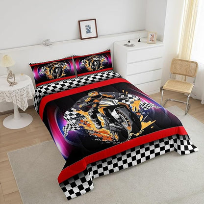 Feelyou Dirt Bike Comforter Set Toddler Size Flag Comforter Racing Motocross Rider Bedding Set Extreme Sports Duvet Set Room Decor Black Purple Quilt Set