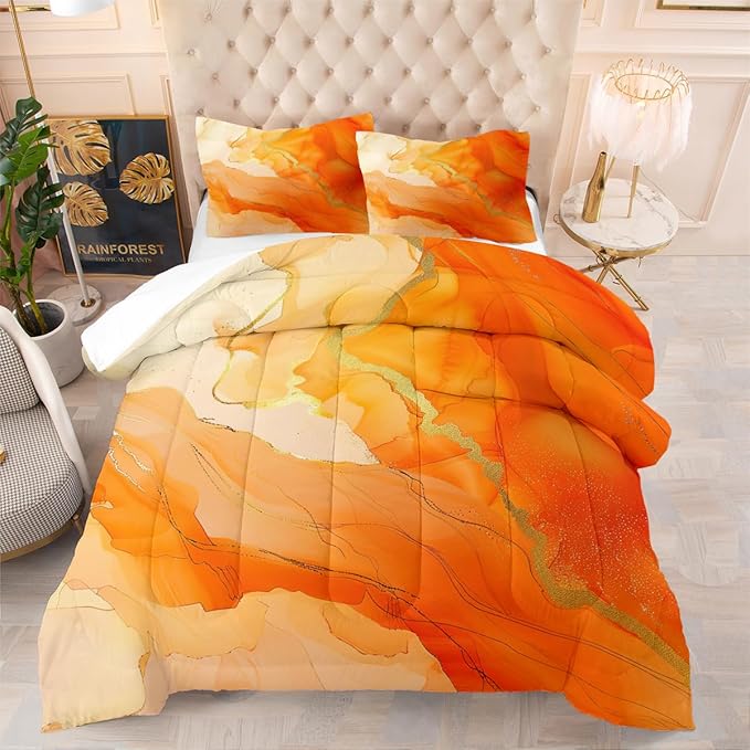 Orange Marble Comforter Set Queen Size Gold Glitter Marbling Bedding Set Watercolor Abstract Art Down Comforter Burnt Orange Marble Print Bed Set for Kids Teens Adult Bedroom Decor 3Pcs