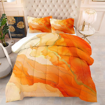 Orange Marble Comforter Set Queen Size Gold Glitter Marbling Bedding Set Watercolor Abstract Art Down Comforter Burnt Orange Marble Print Bed Set for Kids Teens Adult Bedroom Decor 3Pcs