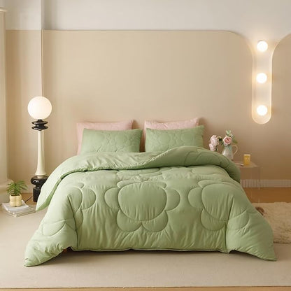 Houseri Sage Green Floral Comforter Set King Sunflower Light Green Fluffy Quilted Comforters King Size Ultra Comfy Bedding Sets Soft Breathable