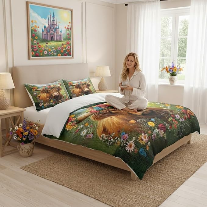 Highland Cow Twin Comforter Set for Girls Boys,Rustic Bedding Set for Boys Children, Warm Microfiber Quilt Set with 1 Pillowcase/68 * 86