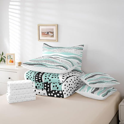 Erosebridal Geometric Wave Full Comforter Set 7 Pieces Teal White Bedding Comforter Sets, Black Polka Dots Bed in a Bag Modern Abstract Art Bedding Set, Vintage Minimalist Bed Sheets Set