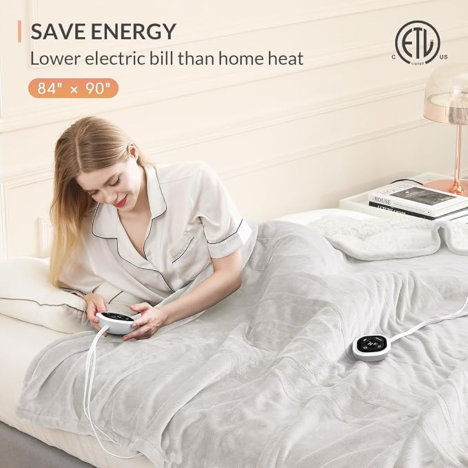 HOMLYNS LuxeHeat Heated Blanket Electric Blanket Queen Size, Soft Flannel Sherpa Heating Blanket with 10 Heat Settings, 1-10 hrs Timer Auto Shut Off (84x90 inches, Cream)