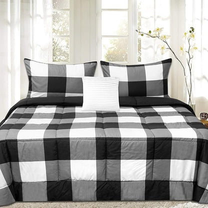 7 Piece Comforter Set Bag Solid Color All Season Soft Down Alternative Blanket & Luxurious Microfiber Bed Sheets, Queen, Buffalo Plaid Black/White/Black Sheet