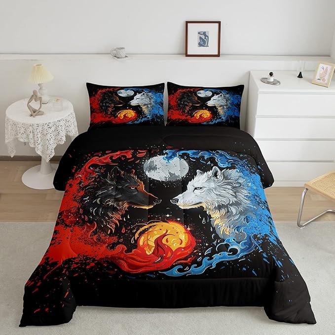 Yin Yang Bedding Comforter Sets Twin,Wolf Fighting White Black Bedding Set for Bedroom Decoration,Gothic Starry Galaxy Moon with 1 Comforter and 1 Pillow Case Bedroom Decor