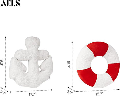 AELS 3D Anchor & Lifebuoy Nautical Throw Pillows, 19.6"& 15.7" Set of 2, Coastal Decor for Beach Enthusiasts Beach House, Ideal for Sofa Couch Living Room Bedroom and Nursery, Red and White