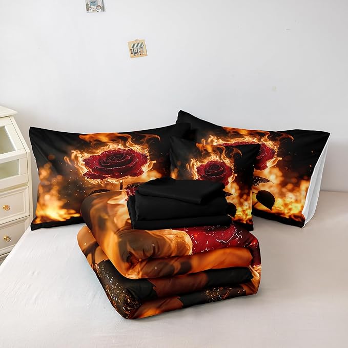 Black Red Comforter Set Fire Rose Romantic Bedding Set Red Rose Flower Floral Orange Flame Bedding Love Couple Comforter Black King Bed in A Bag
