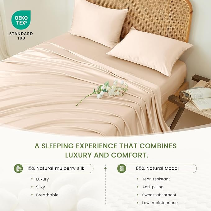 THXSILK Luxury Mulberry Silk Bed Sheets Set - 4pcs Silk Sheets Set 16" Deep Pocket - 1 Fitted Sheet, 1 Flat Sheet, 2 Pillowcases with Zipper Closure - King, Champagne