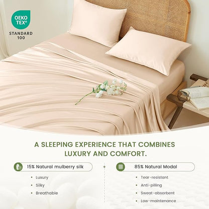 THXSILK Luxury Mulberry Silk Bed Sheets Set - 4pcs 16" Deep Pocket Silk Sheets Set - 1 Fitted Sheet, 1 Flat Sheet, 2 Pillowcases with Zipper Closure - Queen, Champagne