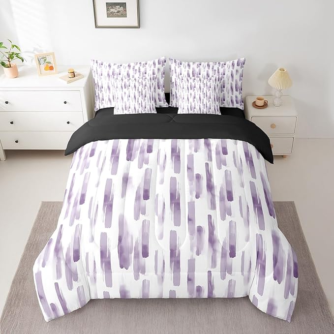 Erosebridal 7Pcs Violet Gradient Abstract Comforter Set King,Purple Geometric Striped Bed in A Bag for Women Men,Ink Ombre Modern Art Quilt Set with Pillowcases,Boho Graffiti Watercolor Bedding