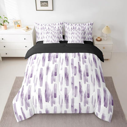 Erosebridal 7Pcs Violet Gradient Abstract Comforter Set King,Purple Geometric Striped Bed in A Bag for Women Men,Ink Ombre Modern Art Quilt Set with Pillowcases,Boho Graffiti Watercolor Bedding