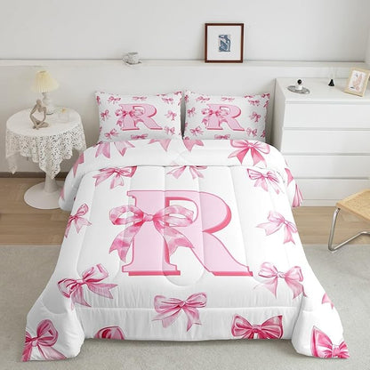 Erosebridal Initial Letter R Comforter Set Queen Size for Women Teen Girls Pink Alphabet Kids Bedding Set Romantic Dreamy Bowknot Bedding Comforter Sets Cute Kawaii Bow Princess Bed Set