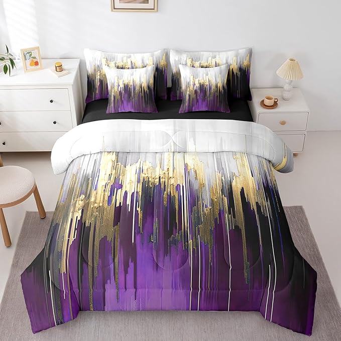 Purple Bedding Twin Size 7Pcs Watercolor Graffiti Comforter Set, Striped Oil Painting Bedding Comforter Sets Aesthetic Modern Bed in a Bag, Ombre Brush Marks Contemporary Bedding Accessories