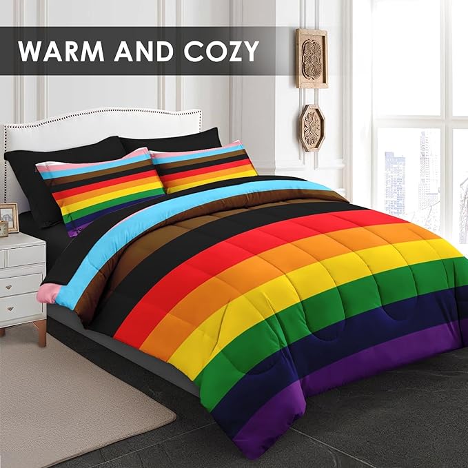 Comforter Set Twin Size, Pride Flag 5 Pcs Bedding for Kids and Adults, Rainbow Stripe Bed Sheet Sets with Fitted Sheet Pillowcase & Sham for Bedroom Bed Decor