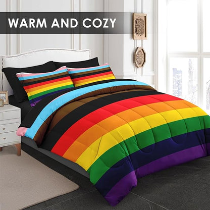Comforter Set Twin Size, Pride Flag 5 Pcs Bedding for Kids and Adults, Rainbow Stripe Bed Sheet Sets with Fitted Sheet Pillowcase & Sham for Bedroom Bed Decor