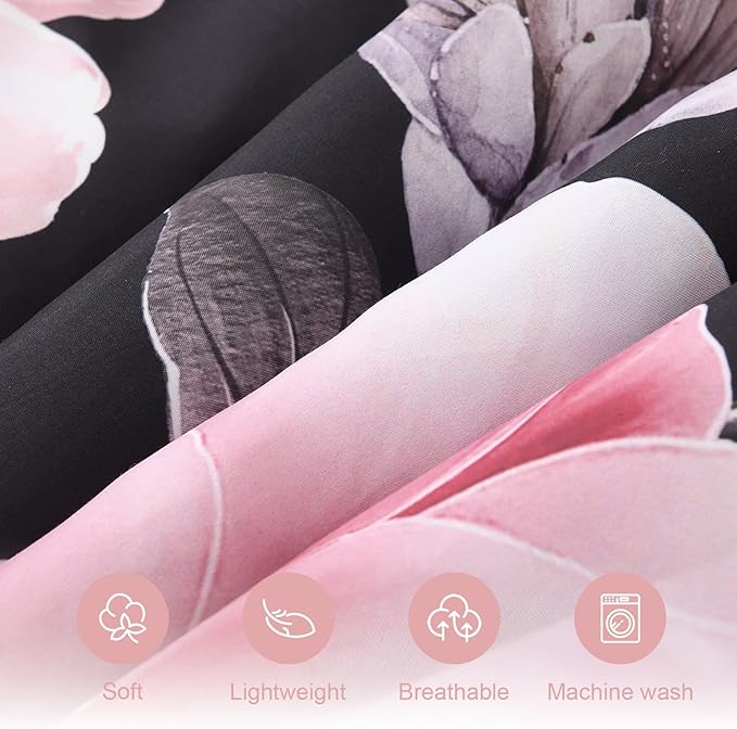 Floral Comforters Queen Size 7 Pieces Botanical Black and Pink Comforter Set Ulter Soft Microfiber Bedding Set, Lightweight Bed Comforter Set with Sheets for All Season (Black, Queen)