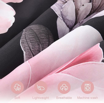 Floral King Size Comforter Set - 7 Piece Botanical Black and Pink Bed in a Bag Ulter Soft Microfiber Bedding Set, Lightweight Bed Comforter Set with Sheets for All Season (Black, King)