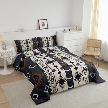 Erosebridal Aztec Geometric Comforter Set Queen,Vintage Western Boho Bedding Set Southwestern Ethnic Tribal Bedding Comforter Sets for Kids Boys Adults Men American Native Quilt Duvet Black Brown