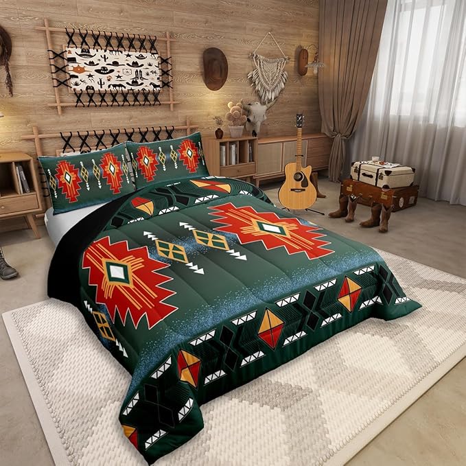 Erosebridal Southwestern Aztec Queen Comforter Set, Rustic Western Bedding Set, Exotic American Native Bedding Comforter Sets for Boys Teens Men Bedroom, Vintage Bohemian Geometric Quilt, Red Green