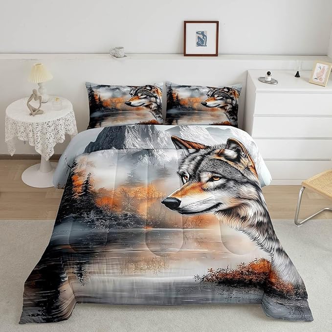 Erosebridal Wolf Full Bedding Set,Hunting Wolf Comforter Set for Kids Adults Room Decor,Wildlife Safari Bed Set Rustic Mountain Scene Theme Bedding Comforter Sets,2 Pillowcases