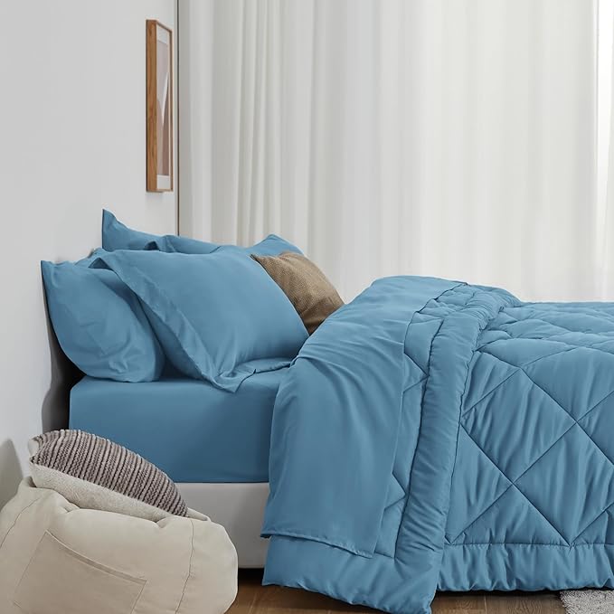 Love's cabin Twin XL Comforter Set Misty Blue, 5 Pieces Twin XL Bed in a Bag, All Season Bedding Sets with 1 Comforter, 1 Flat Sheet, 1 Fitted Sheet, 1 Pillowcase and 1 Pillow Sham