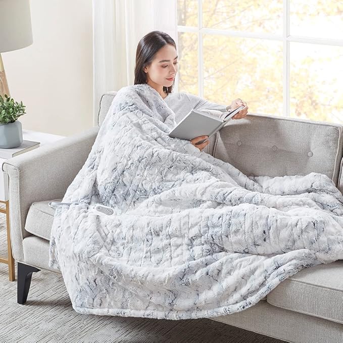 Codi Soft Faux Fur Electric Blanket, Heated Throw with Fuzzy Sherpa Back | White/Slate Marble, 60x70 | Lightweight Warming Throws for Couch | 3 Heat Setting with Auto Shut Off, 6ft Power Cord Washable