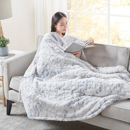 Codi Soft Faux Fur Electric Blanket, Heated Throw with Fuzzy Sherpa Back | White/Slate Marble, 60x70 | Lightweight Warming Throws for Couch | 3 Heat Setting with Auto Shut Off, 6ft Power Cord Washable