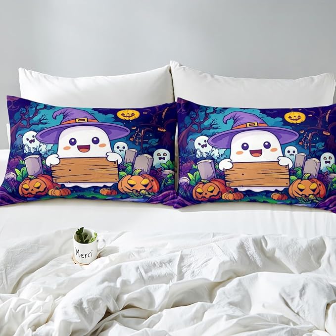 Erosebridal Kids Halloween Bedding Set King, Cute Ghost Comforter Set Spooky Halloween Decor Comforter for Boys Girls Teens Youth Adults Bedroom, Pumpkin Lantern Cartoon Graveyard Gothic Quilt