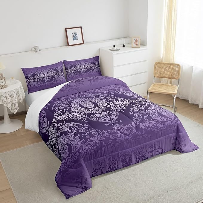 Feelyou Adults Purple Vintage Damask Floral Comforter Set Oriental Antique Comforter Full Size Gothic Bohemia Boho Bedding Set Exotic Sugar Skull Duvet Set Quilt Set 3Pcs