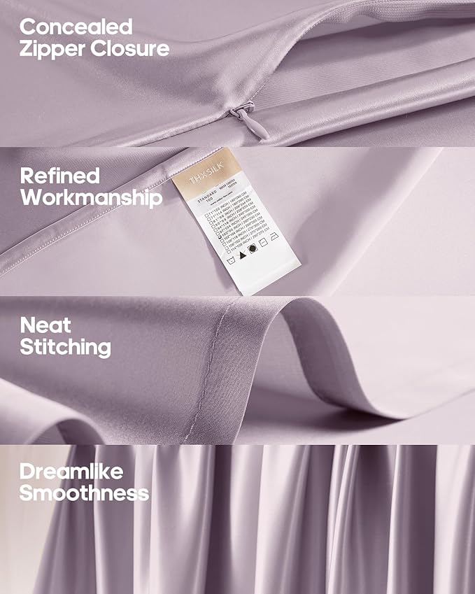 THXSILK Silk Sheet Set 4 Pcs, Full Size Sheet Set, Soft Breathable Cooling Bed Sheets with 1 Flat Sheet, 1 Fitted Sheet, 2 Pillowcases with Zipper Closure, Light Purple