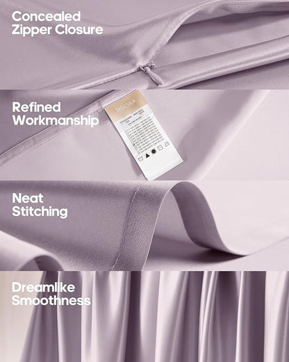 THXSILK Silk Sheet Set 4 Pcs, Full Size Sheet Set, Soft Breathable Cooling Bed Sheets with 1 Flat Sheet, 1 Fitted Sheet, 2 Pillowcases with Zipper Closure, Light Purple