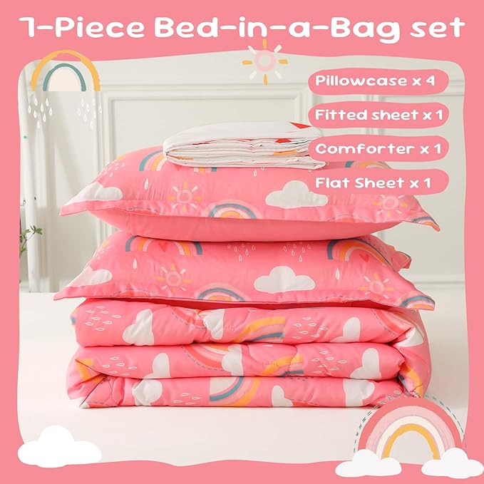 Twin Rainbow Comforter Set for Kids Girls Teens 7 Piece Pink Cloud Sun Pink Bed in a Bag 3D Cute Cartoon Love Hearts Bedding Set